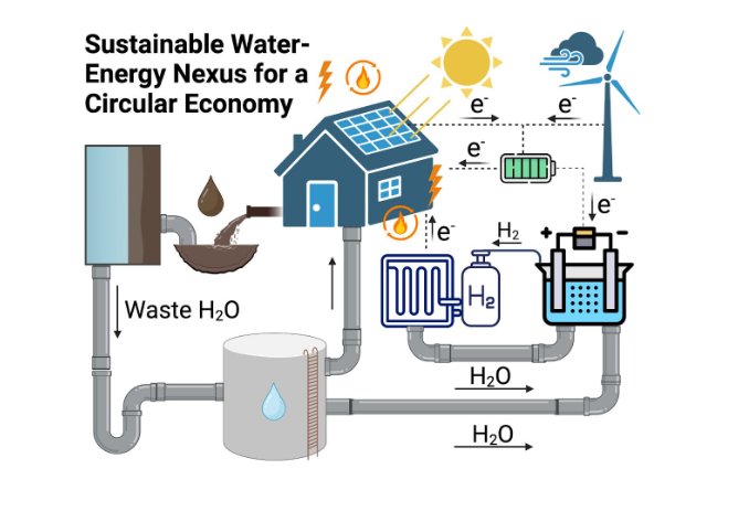 A diagram titled "Sustainable Water-Energy Nexus for a Circular Economy" illustrates a house with solar panels and a wind turbine. The diagram shows how water and energy are recycled within the system.